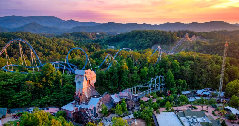 An arial view of dollywood and its impressive skyline