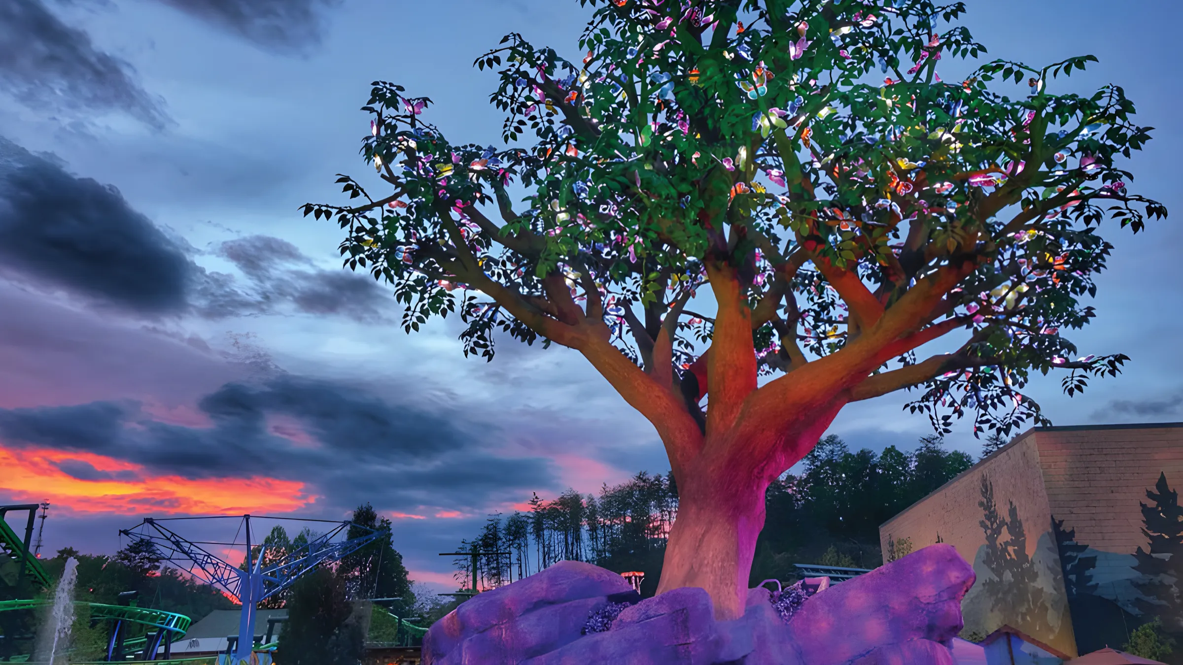 A view of the Dollywood park at sunset